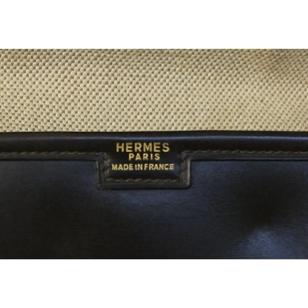 AUTHENTIC HERMÈS JIGE FRANCE BROWN GENUINE LEATHER H LOGO FRONT CLUTCH HANDBAG